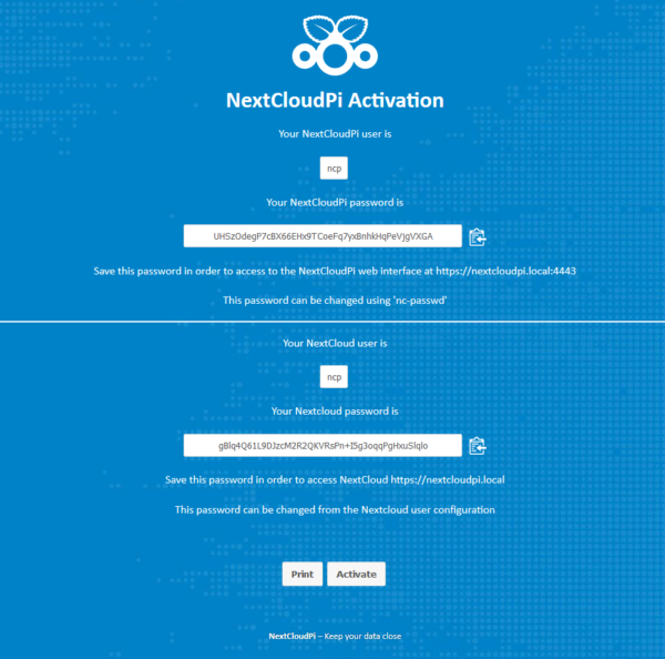 NextCloudPi Activation Begrüßungsbildschirm
